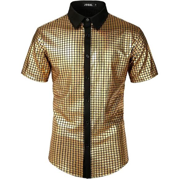 Men's 70s Costume Disco Party Dress Short Sleeve Button Down Shirts - Picture 1 of 5